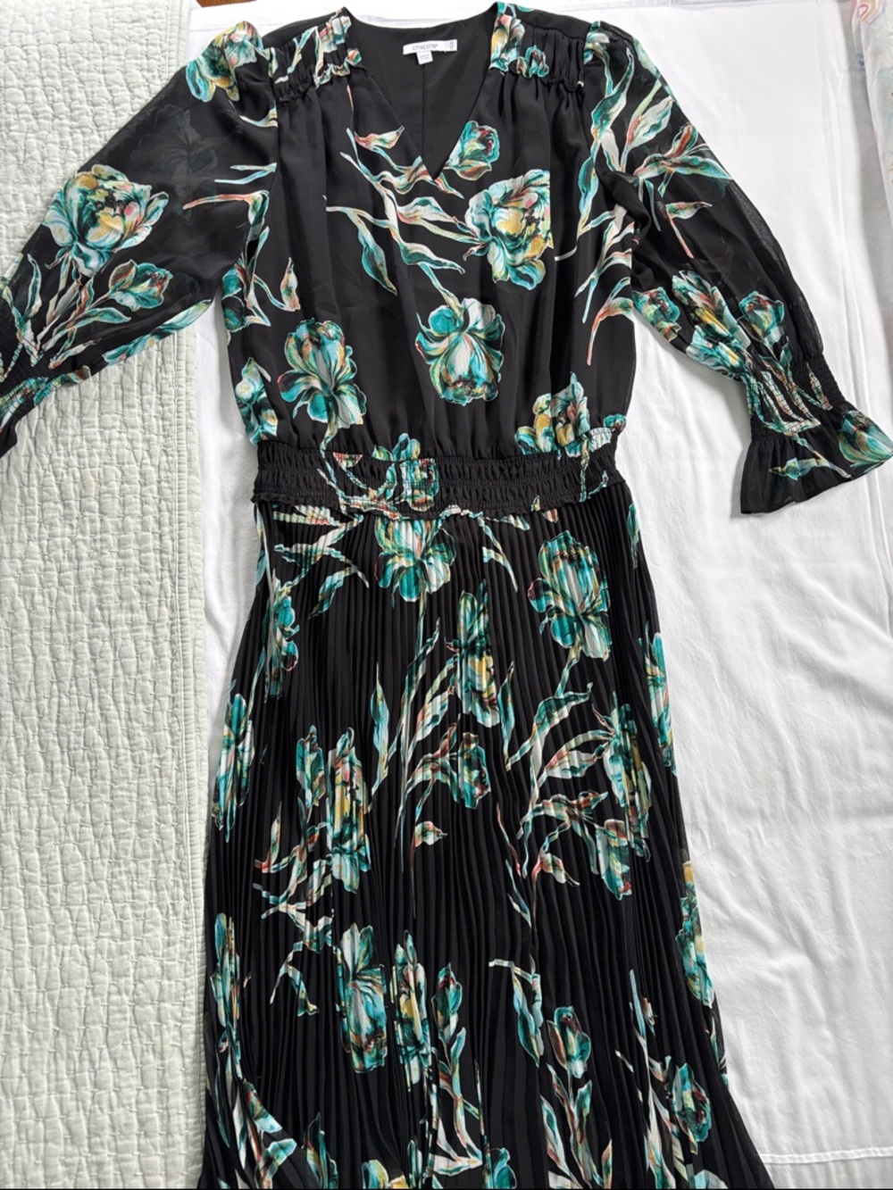 Chico's Black Midi Dress with Teal and Cream Floral Print
